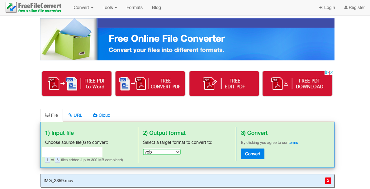 Convert MOV to VOB with FreeFileConvert.com