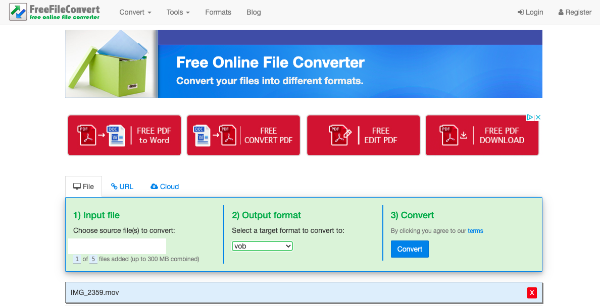 تحويل MOV إلى VOB باستخدام FreeFileConvert.com