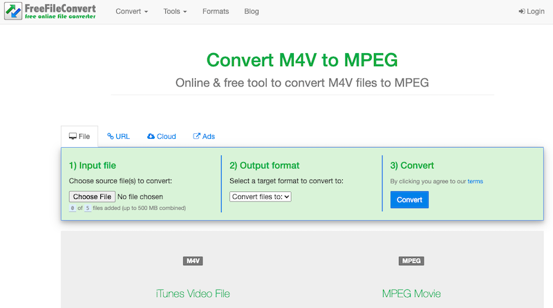 Konwertuj M4V na MPEG Online przez FreeFileConvert.com