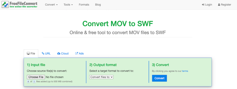 Конвертируйте MOV в SWF на FreeFileConvert.com