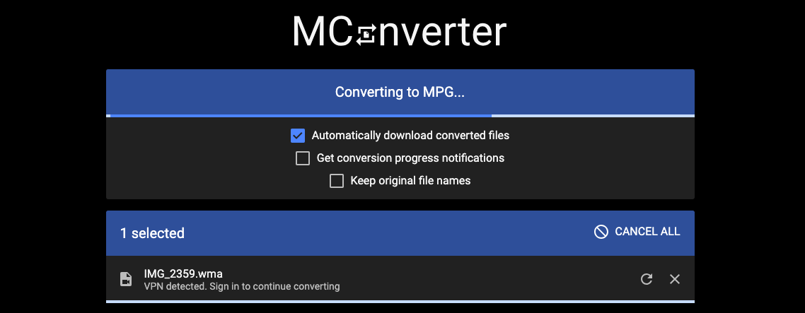 Используйте Mconverter.eu для преобразования WMA в MPG