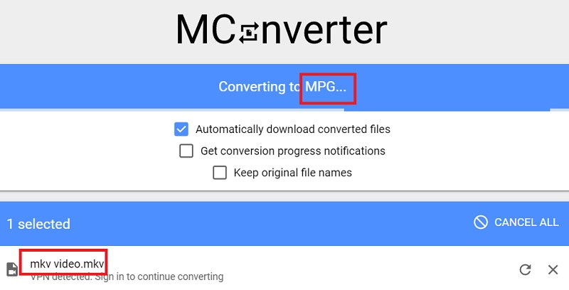 Zmień MKV na MPG za pomocą Mconverter