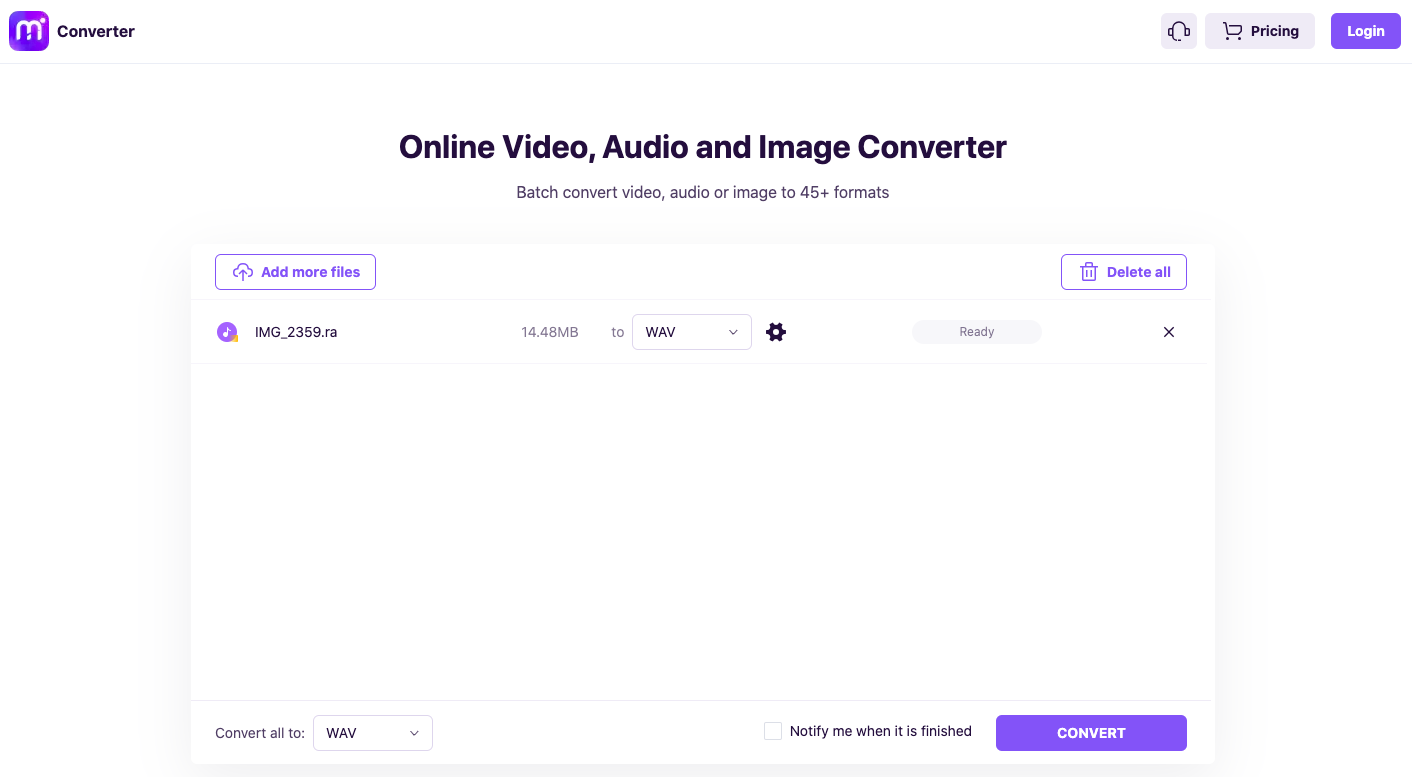 Use Media.io to Convert RA to WAV 