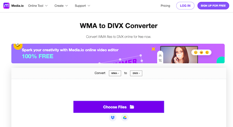 Media.io: internetowy konwerter WMA na DivX