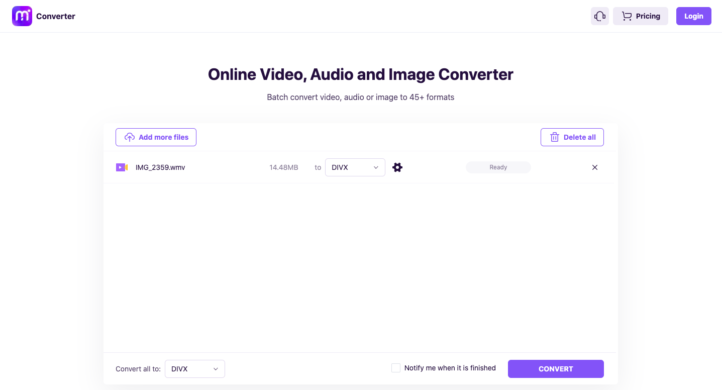 Use Media.io para converter WMV em DivX