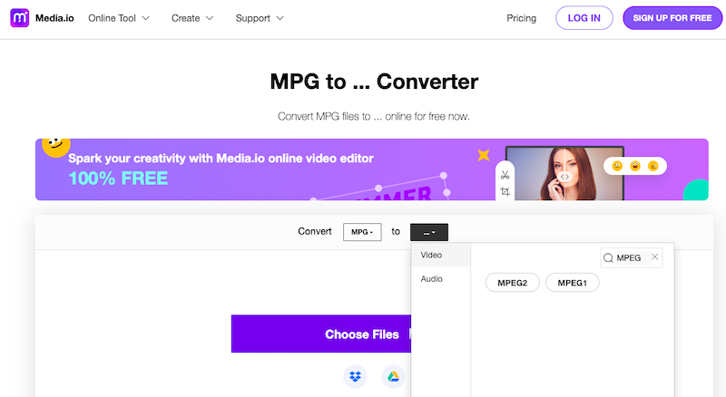 Media.io: internetowy konwerter MPG na MPEG