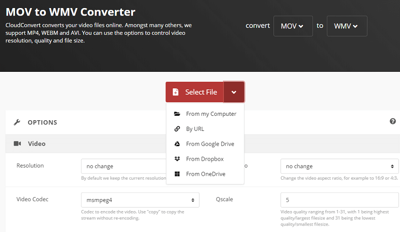 Converta MOV para WMV online gratuitamente