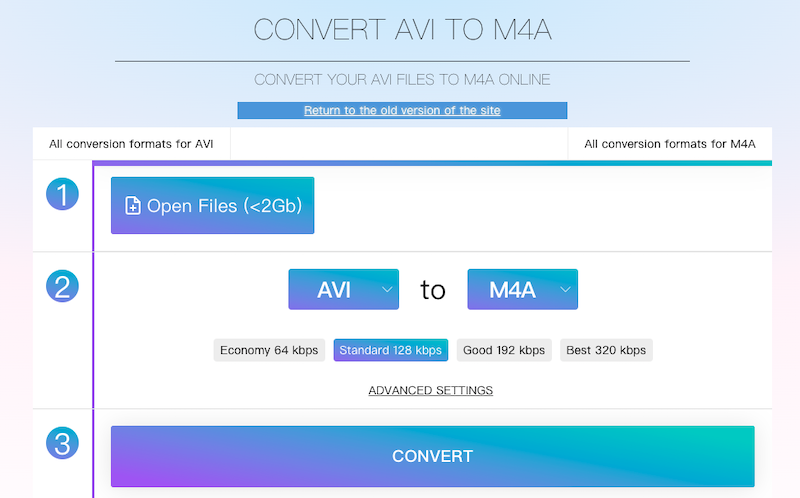 Online-Audio-Convert.com은 AVI를 M4A 온라인 변환으로 제공합니다.