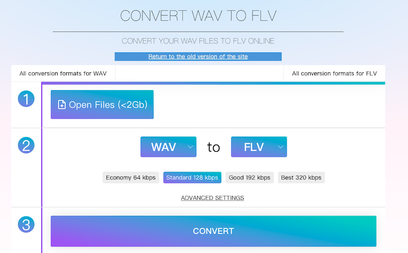 在 Online-audio-convert.com 将 WAV 转换为 FLV