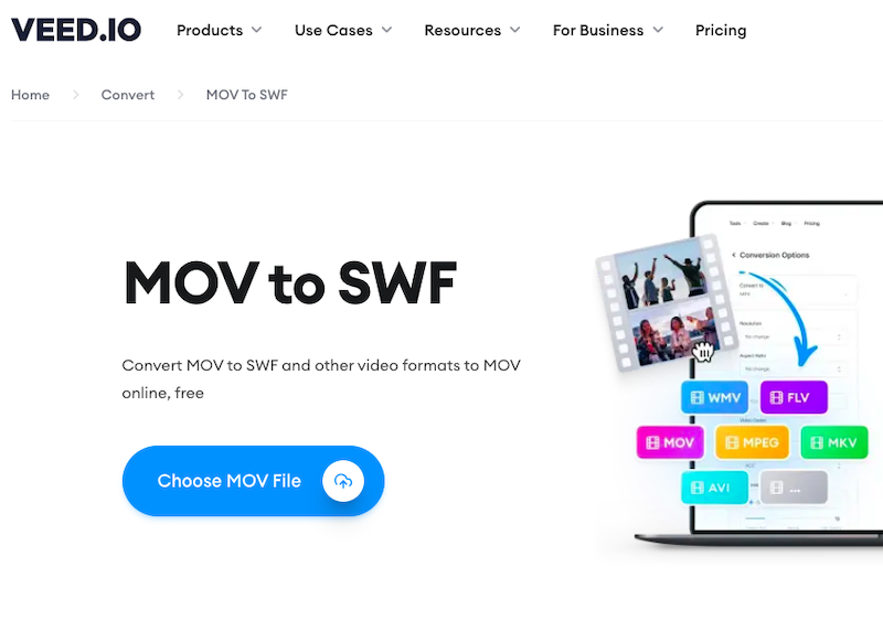 Convert MOV to SWF via Veed.io