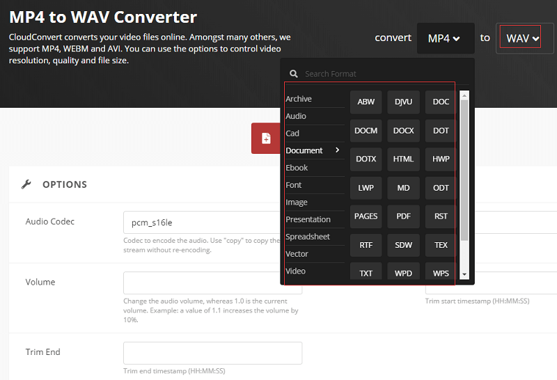 Конвертируйте видео в WAV через CloudConvert