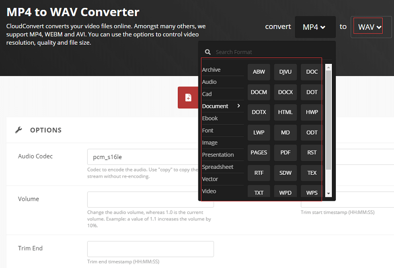 Konwertuj wideo na WAV przez CloudConvert