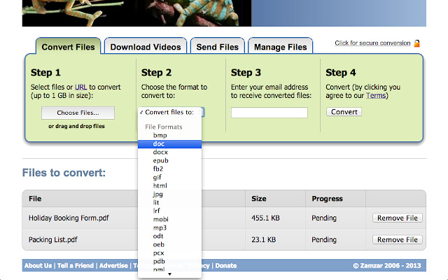 Converteer AVI succesvol naar WebM op Zamzar