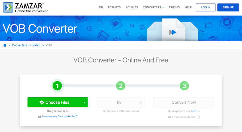 Converteer VOB gratis naar FLV online op Zamzar.com